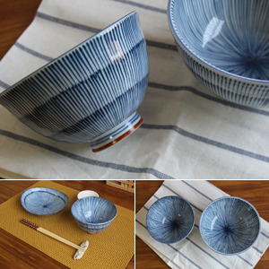 일본전통 도자기 블루라인 그릇 2size (공기,볼)